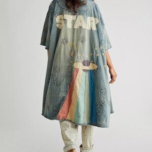Magnolia Pearl Denim Star Child Rainbow Maxi Kimono Duster Jacket